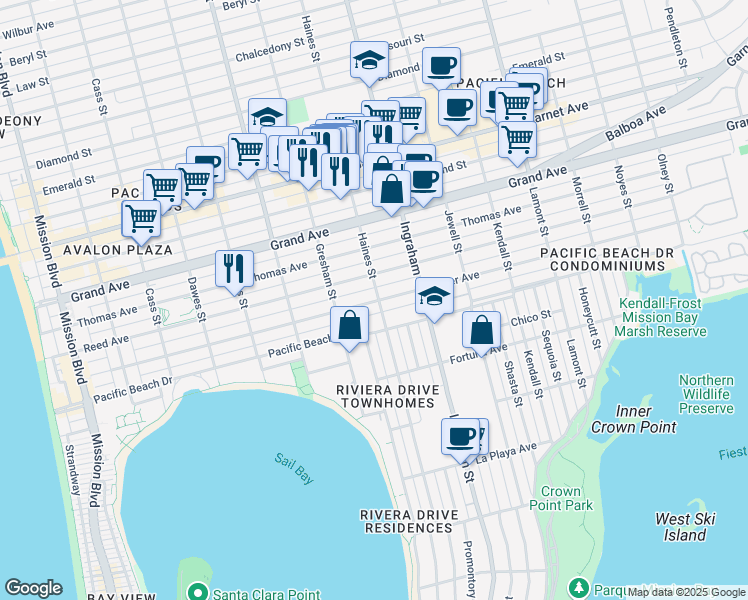 map of restaurants, bars, coffee shops, grocery stores, and more near 1477 Oliver Avenue in San Diego