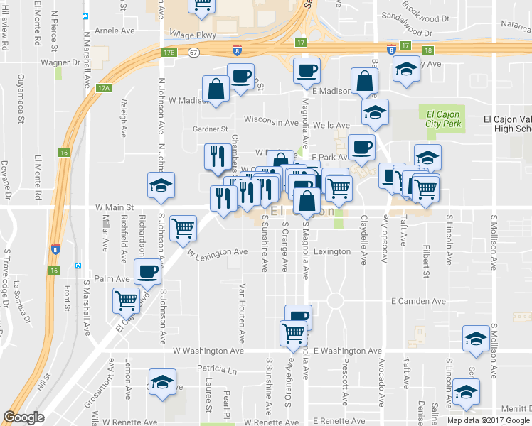 map of restaurants, bars, coffee shops, grocery stores, and more near 339 W Main St in El Cajon
