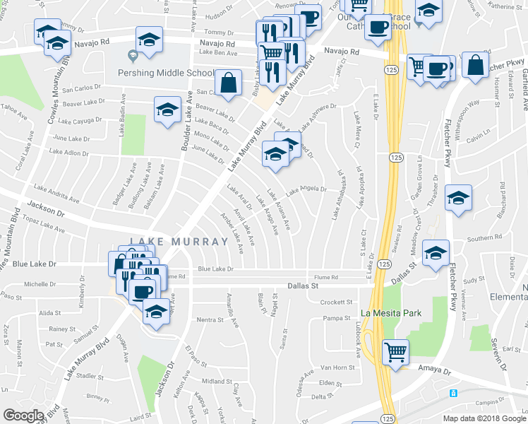 map of restaurants, bars, coffee shops, grocery stores, and more near 6298 Lake Arago Avenue in San Diego