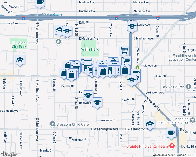 map of restaurants, bars, coffee shops, grocery stores, and more near 1185 East Main Street in El Cajon