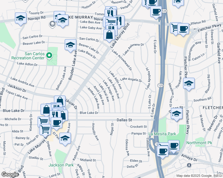 map of restaurants, bars, coffee shops, grocery stores, and more near 6289 Lake Arago Avenue in San Diego