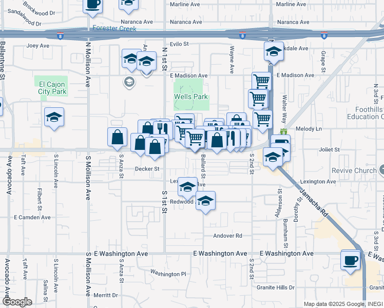 map of restaurants, bars, coffee shops, grocery stores, and more near 1143 East Main Street in El Cajon