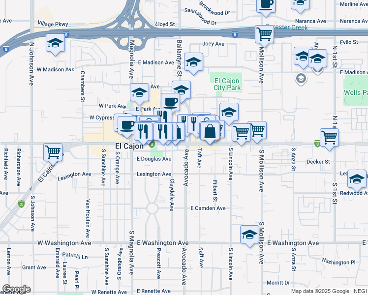 map of restaurants, bars, coffee shops, grocery stores, and more near 327 East Main Street in El Cajon