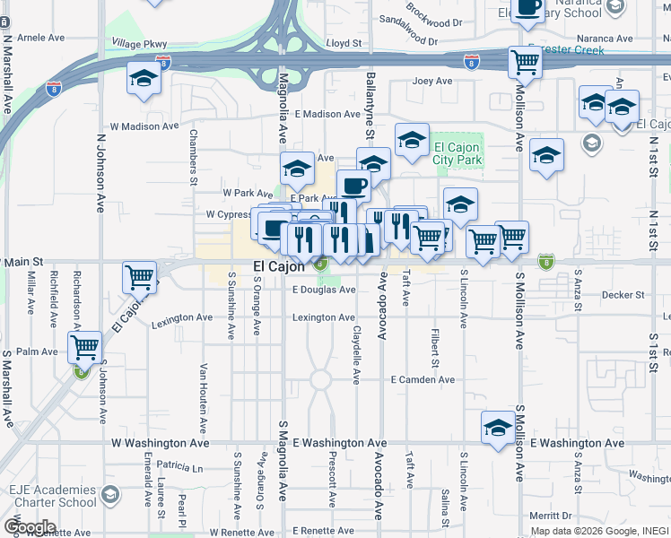 map of restaurants, bars, coffee shops, grocery stores, and more near 229 East Main Street in El Cajon