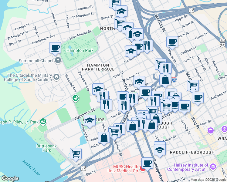 map of restaurants, bars, coffee shops, grocery stores, and more near 319 Ashley Avenue in Charleston
