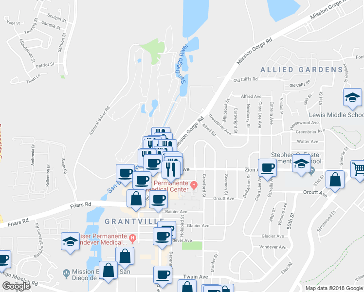 map of restaurants, bars, coffee shops, grocery stores, and more near 6675 Mission Gorge Road in San Diego