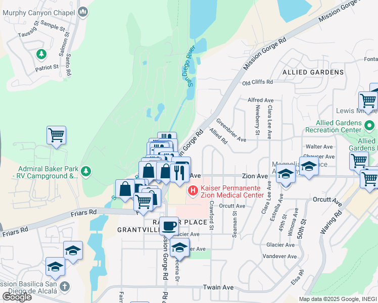 map of restaurants, bars, coffee shops, grocery stores, and more near 6675 Mission Gorge Road in San Diego
