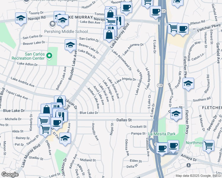 map of restaurants, bars, coffee shops, grocery stores, and more near 6289 Lake Arago Avenue in San Diego