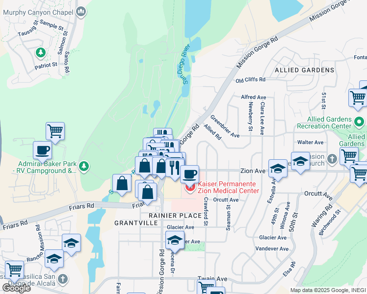 map of restaurants, bars, coffee shops, grocery stores, and more near 6675 Mission Gorge Road in San Diego