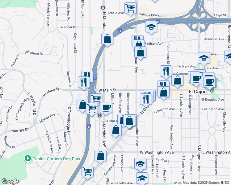 map of restaurants, bars, coffee shops, grocery stores, and more near 925 West Main Street in El Cajon