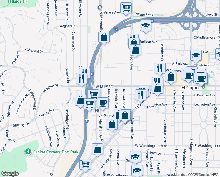 map of restaurants, bars, coffee shops, grocery stores, and more near 939 West Main Street in El Cajon