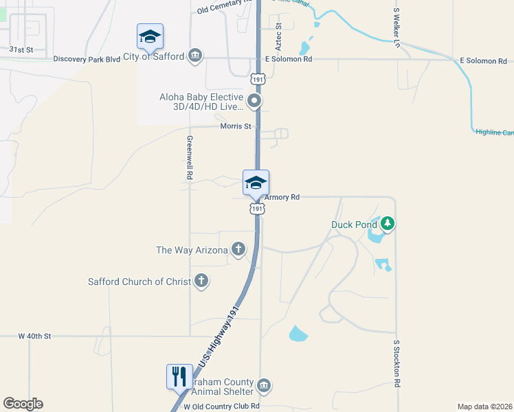 map of restaurants, bars, coffee shops, grocery stores, and more near 3616 U.S. 191 in Safford