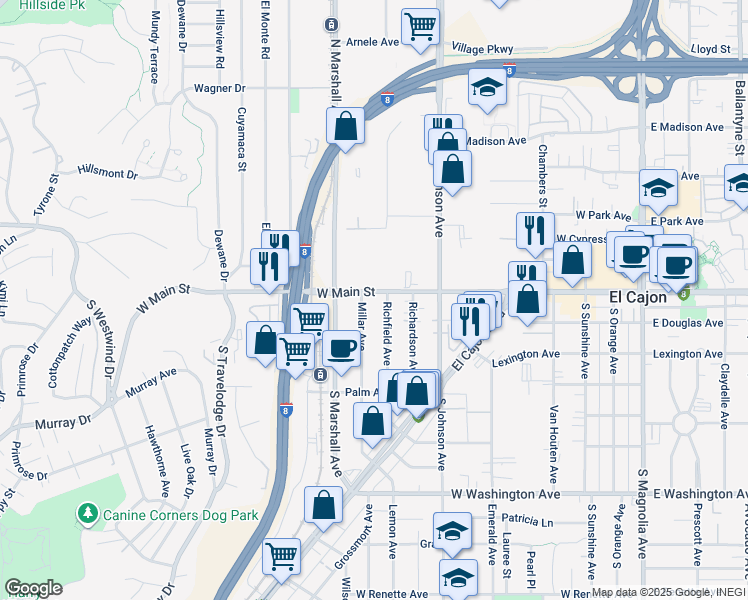 map of restaurants, bars, coffee shops, grocery stores, and more near 925 West Main Street in El Cajon