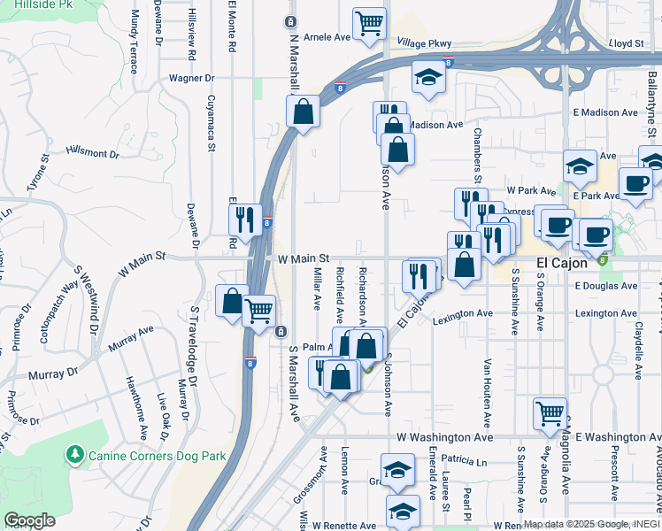 map of restaurants, bars, coffee shops, grocery stores, and more near 927 West Main Street in El Cajon