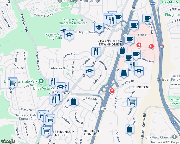 map of restaurants, bars, coffee shops, grocery stores, and more near 7405 Daniel Avenue in San Diego