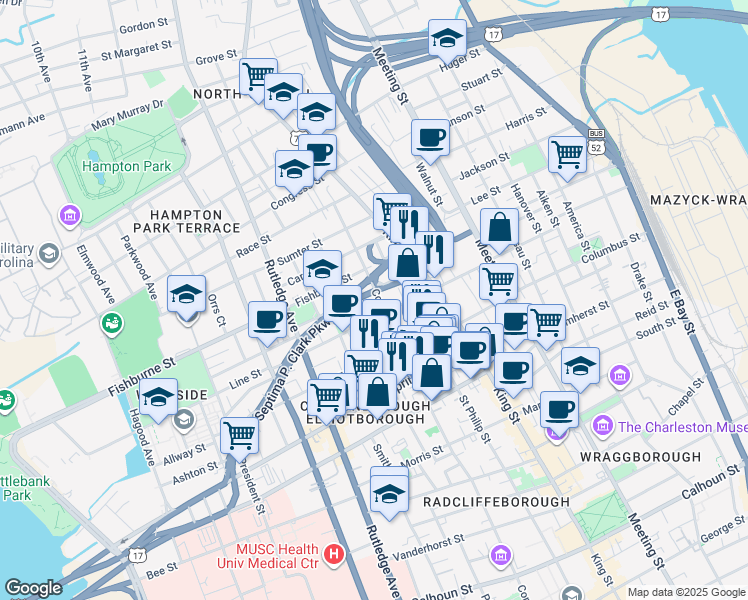 map of restaurants, bars, coffee shops, grocery stores, and more near 279 Coming Street in Charleston