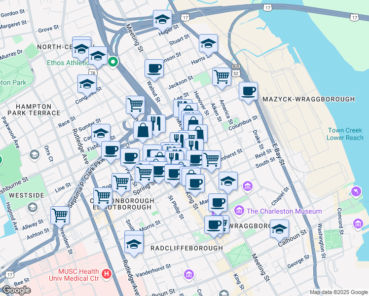 map of restaurants, bars, coffee shops, grocery stores, and more near 131 Columbus Street in Charleston