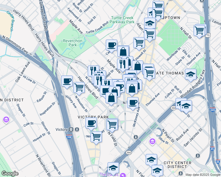 map of restaurants, bars, coffee shops, grocery stores, and more near 2728 McKinnon Street in Dallas