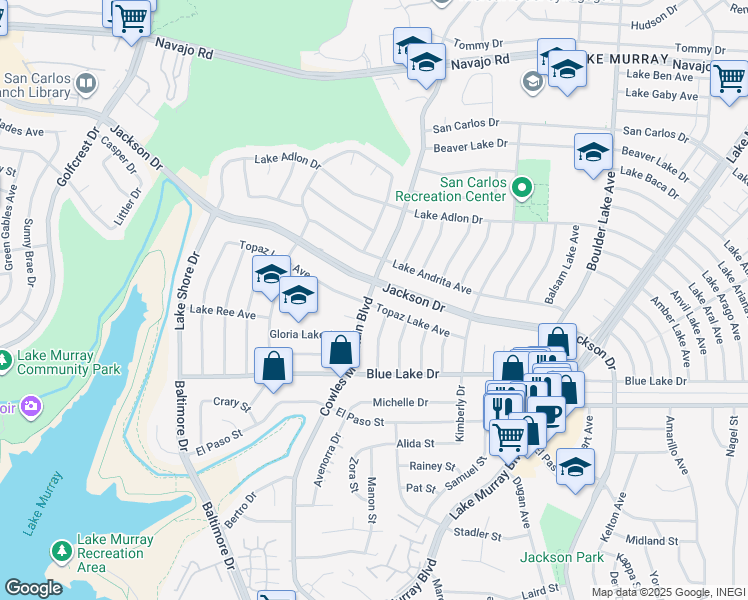 map of restaurants, bars, coffee shops, grocery stores, and more near 6287 Cowles Mountain Boulevard in San Diego