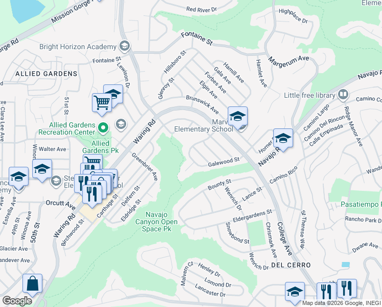 map of restaurants, bars, coffee shops, grocery stores, and more near 5633 Easton Avenue in San Diego
