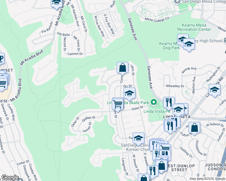 map of restaurants, bars, coffee shops, grocery stores, and more near 2861 Preece Street in San Diego