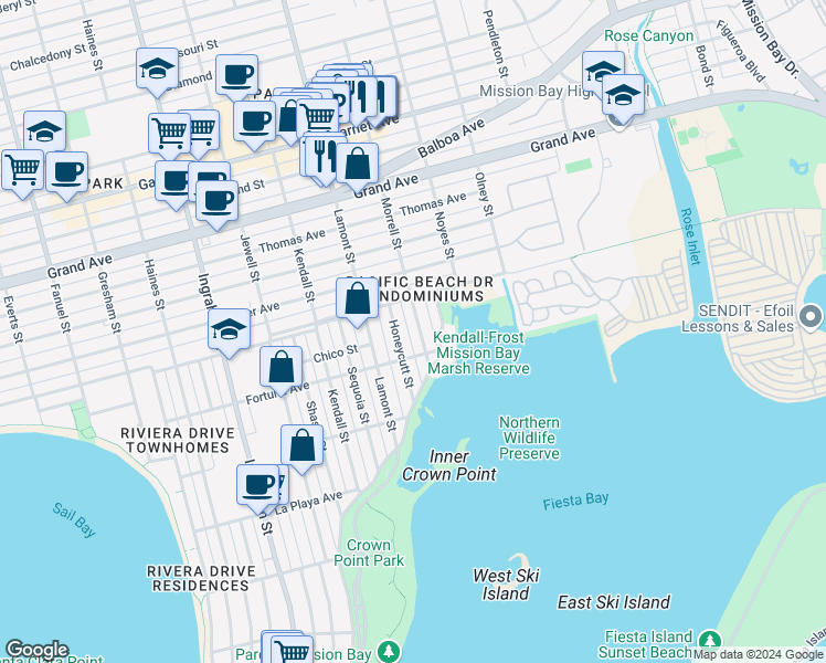map of restaurants, bars, coffee shops, grocery stores, and more near 4023 Morrell Street in San Diego