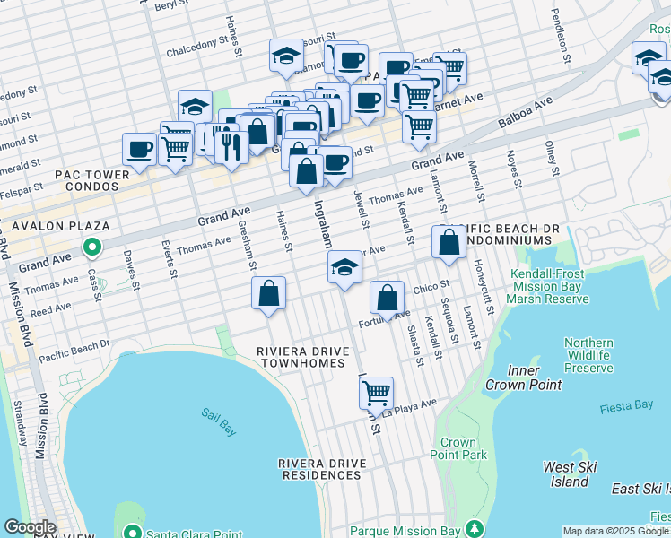 map of restaurants, bars, coffee shops, grocery stores, and more near 1555 Oliver Avenue in San Diego