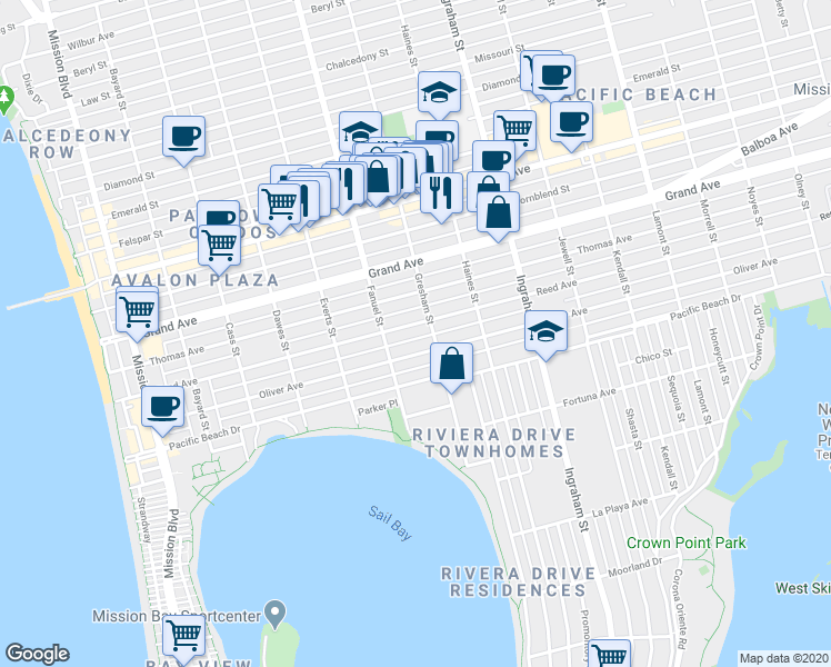 map of restaurants, bars, coffee shops, grocery stores, and more near 1319 Reed Avenue in San Diego