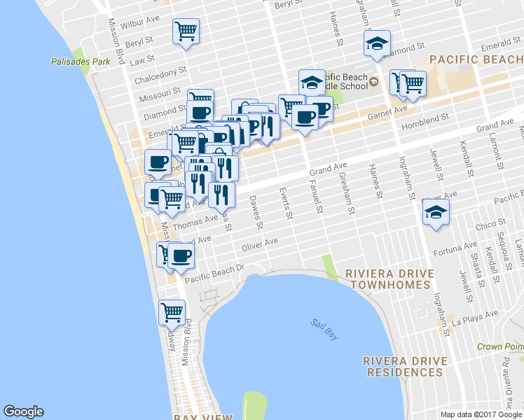 map of restaurants, bars, coffee shops, grocery stores, and more near 4275 Dawes Street in San Diego