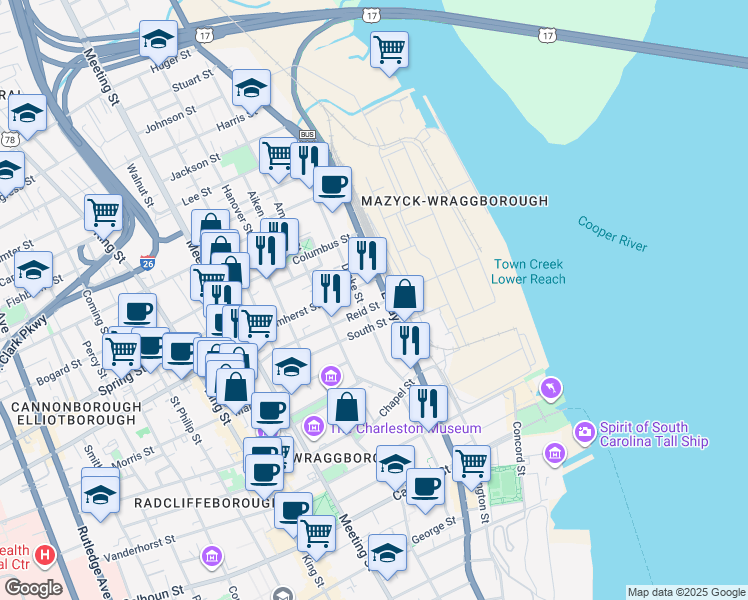 map of restaurants, bars, coffee shops, grocery stores, and more near 50A Drake Street in Charleston