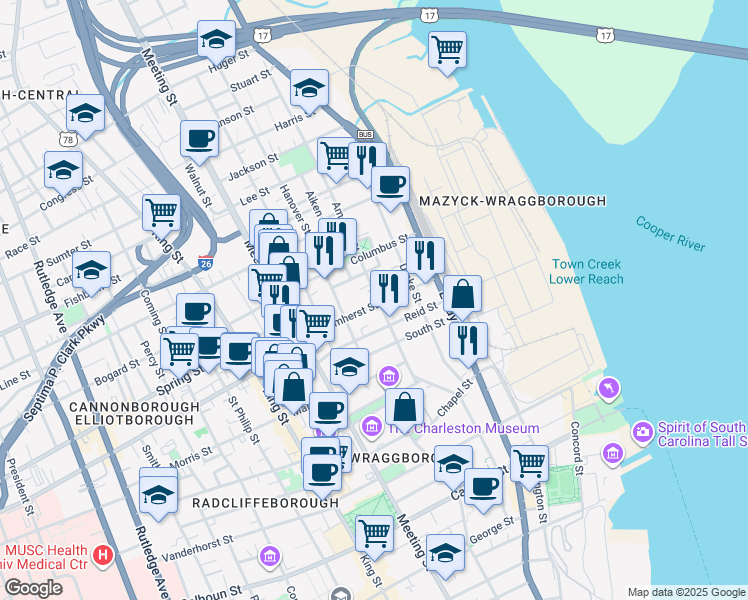 map of restaurants, bars, coffee shops, grocery stores, and more near in Charleston