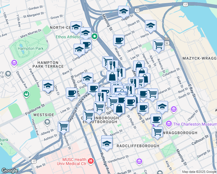map of restaurants, bars, coffee shops, grocery stores, and more near 259 Saint Philip Street in Charleston