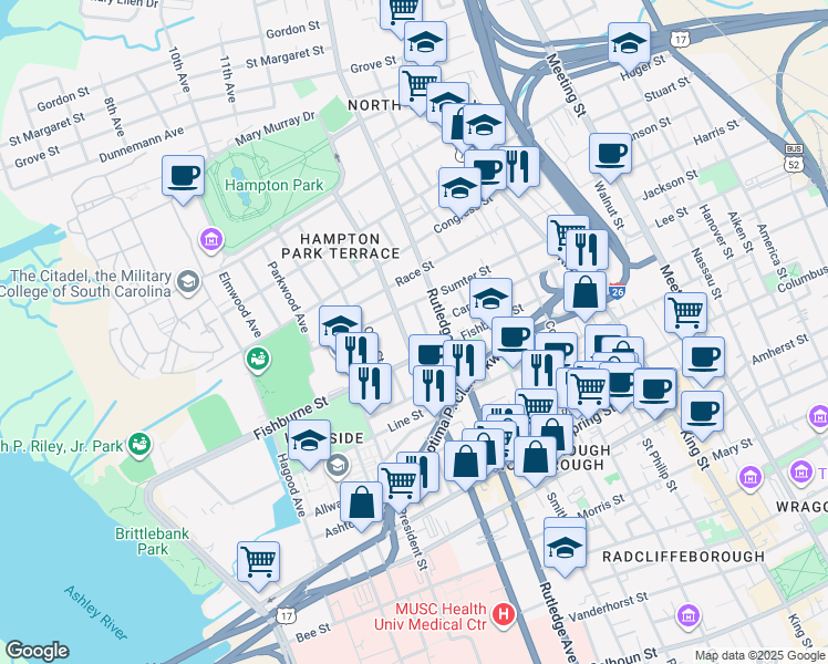 map of restaurants, bars, coffee shops, grocery stores, and more near 4 Larnes Street in Charleston