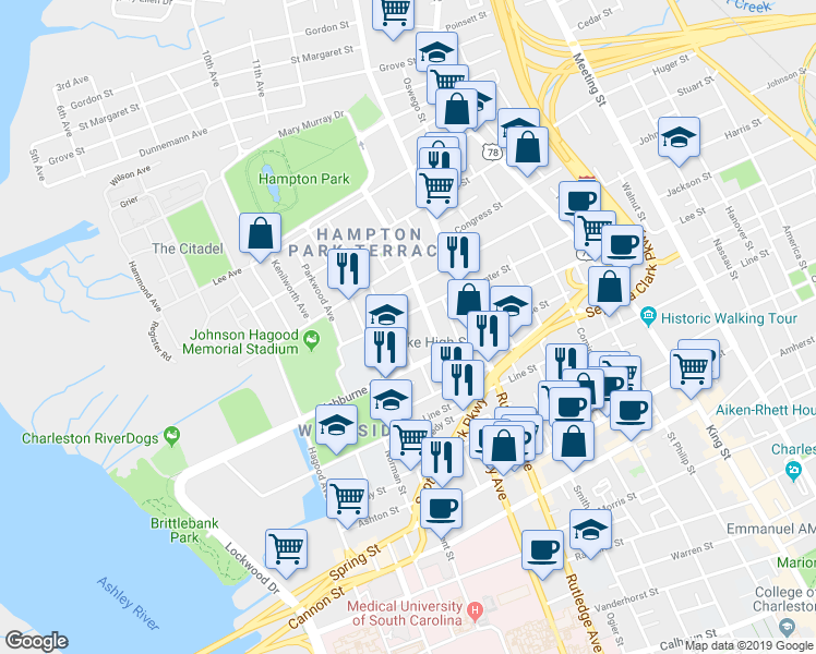 map of restaurants, bars, coffee shops, grocery stores, and more near 319 Ashley Avenue in Charleston