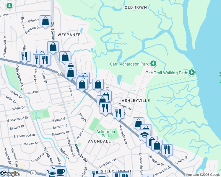 map of restaurants, bars, coffee shops, grocery stores, and more near 933 5th Avenue in Charleston