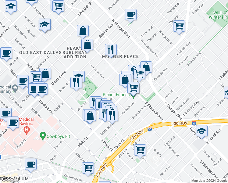 map of restaurants, bars, coffee shops, grocery stores, and more near 4706 Reiger Avenue in Dallas