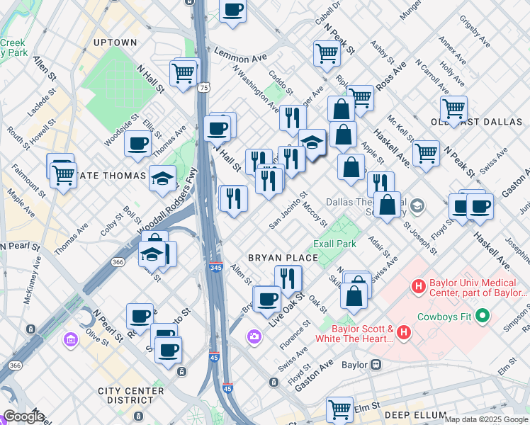 map of restaurants, bars, coffee shops, grocery stores, and more near 3219 San Jacinto Street in Dallas