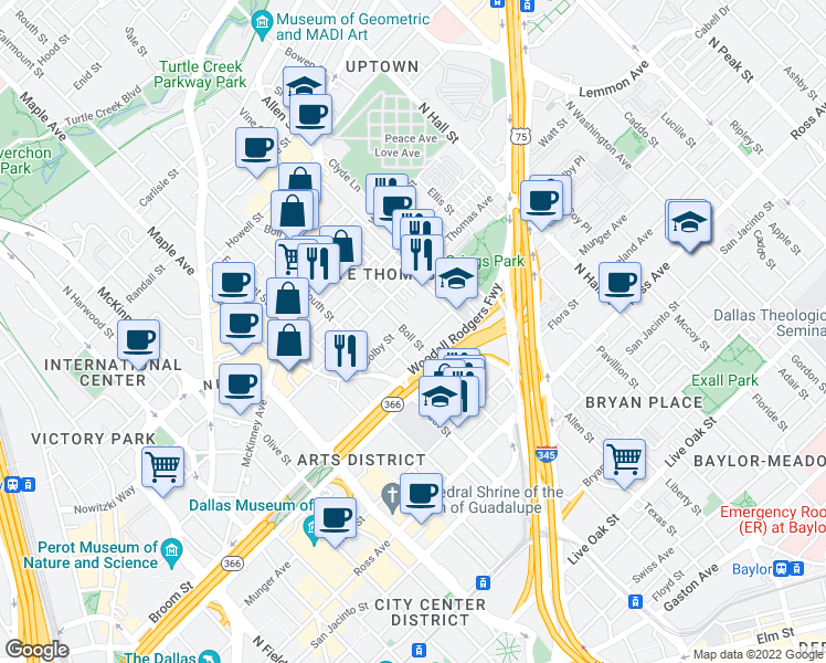 map of restaurants, bars, coffee shops, grocery stores, and more near 2710 Guillot Street in Dallas