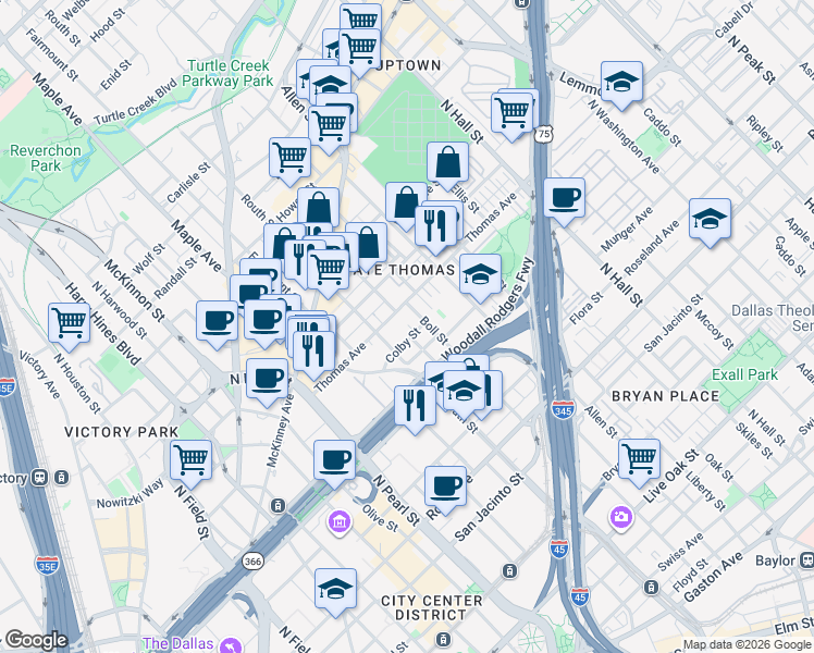map of restaurants, bars, coffee shops, grocery stores, and more near 2644 Colby Street in Dallas