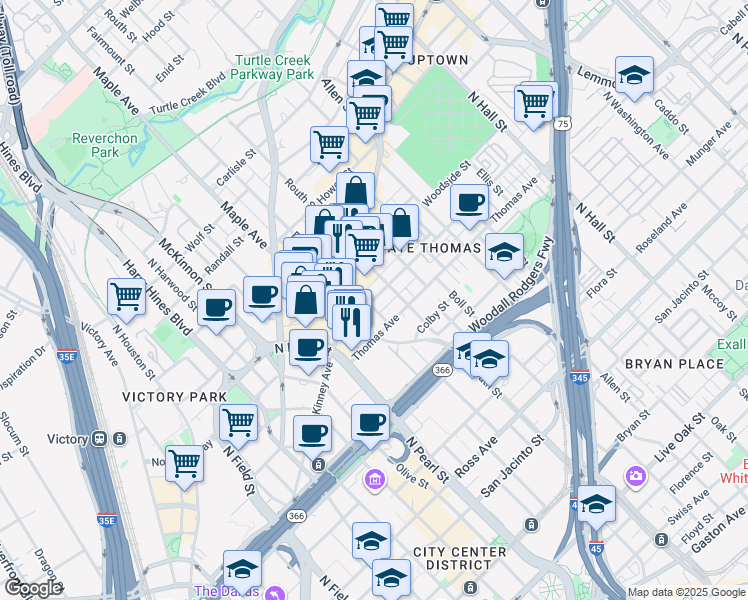 map of restaurants, bars, coffee shops, grocery stores, and more near 2500 State Street in Dallas
