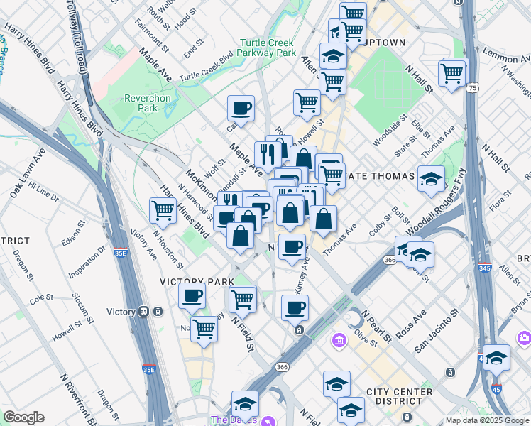 map of restaurants, bars, coffee shops, grocery stores, and more near 2199 Cedar Springs Road in Dallas