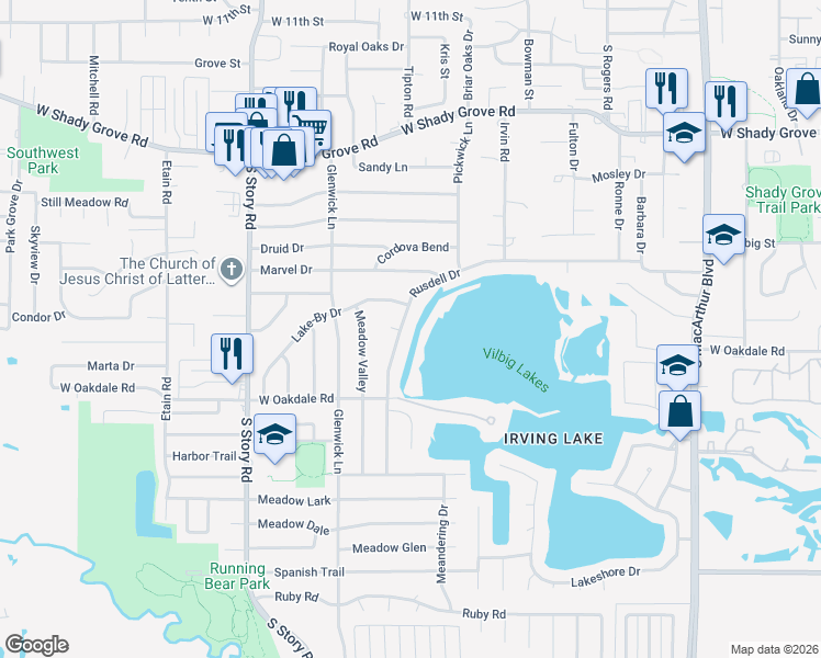 map of restaurants, bars, coffee shops, grocery stores, and more near 1760 Rusdell Drive in Irving