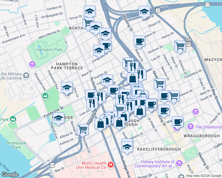 map of restaurants, bars, coffee shops, grocery stores, and more near 126 Sheppard Street in Charleston