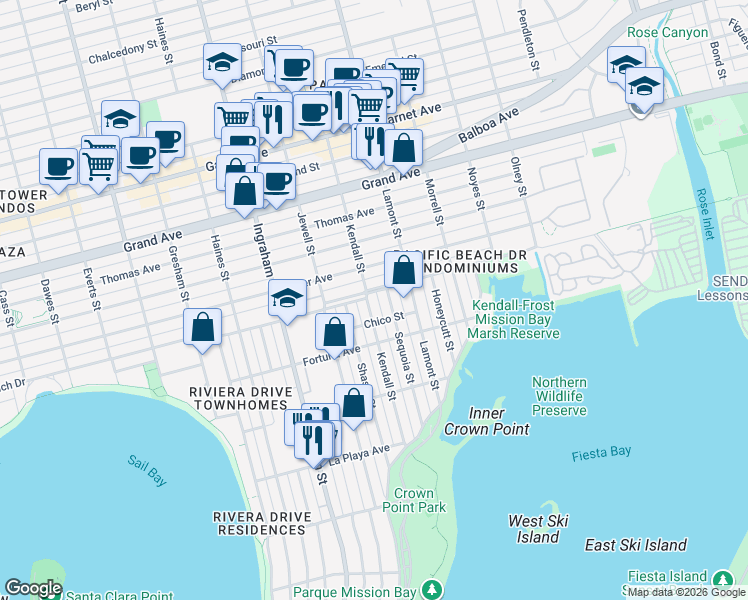 map of restaurants, bars, coffee shops, grocery stores, and more near 4080 Kendall Street in San Diego