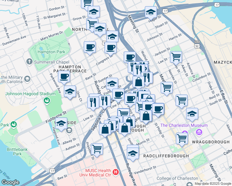 map of restaurants, bars, coffee shops, grocery stores, and more near 126 Sheppard Street in Charleston