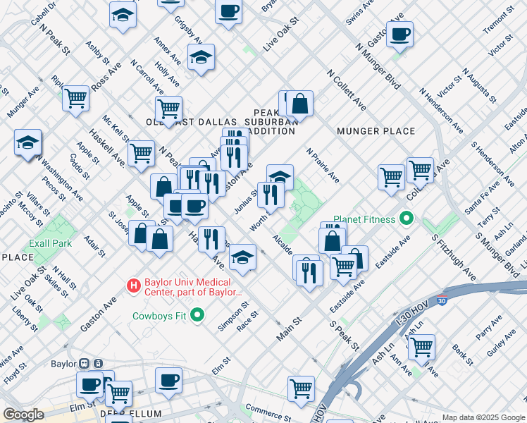 map of restaurants, bars, coffee shops, grocery stores, and more near 4413 Worth Street in Dallas