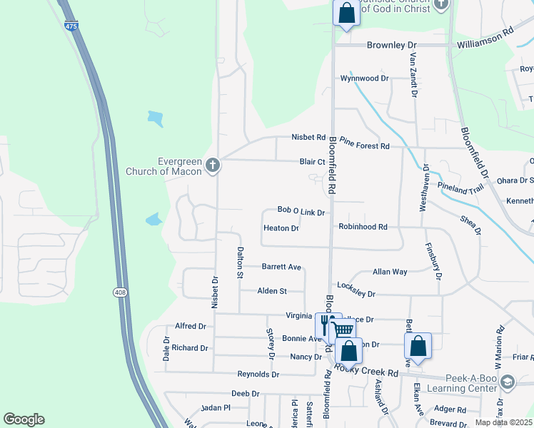 map of restaurants, bars, coffee shops, grocery stores, and more near 2825 Bob O Link Drive in Macon