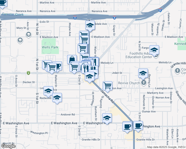 map of restaurants, bars, coffee shops, grocery stores, and more near 1299 East Main Street in El Cajon