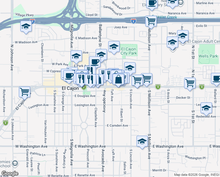 map of restaurants, bars, coffee shops, grocery stores, and more near 445 East Main Street in El Cajon