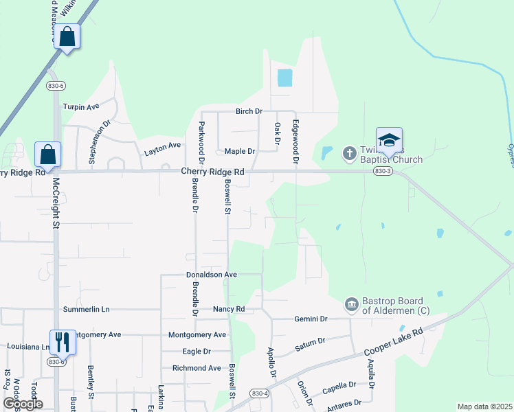 map of restaurants, bars, coffee shops, grocery stores, and more near 6250 Winchester Drive in Bastrop